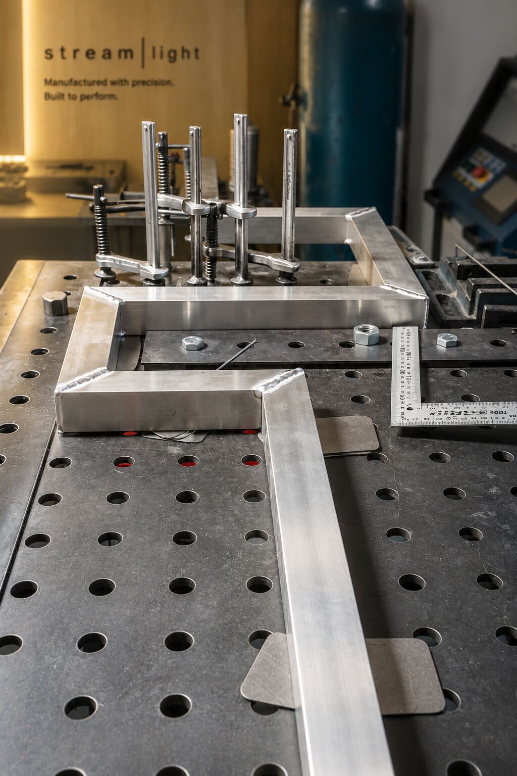 Aluminium light fixture frame clamped in a welding jig on the Streamlight factory bench