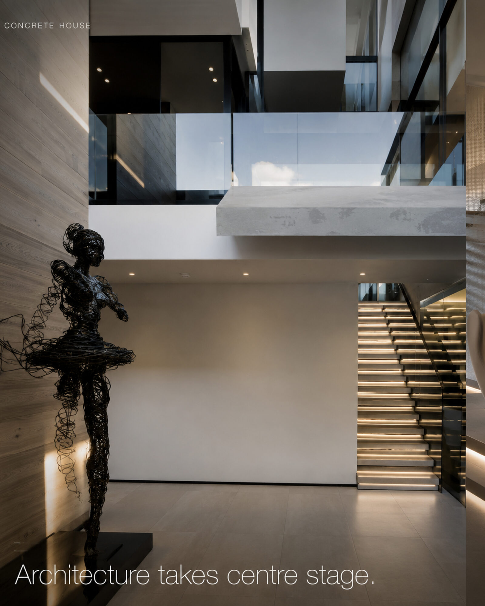 Sculptural staircase and feature lighting inside a modern concrete house, architectural lighting design by Streamlight