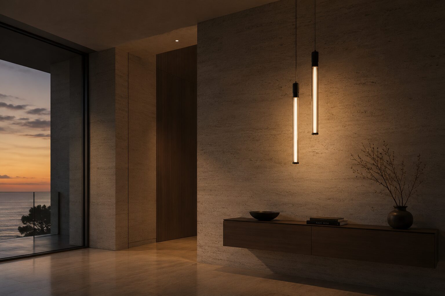 Tube pendant lights in a residential corridor at sunset with sea view