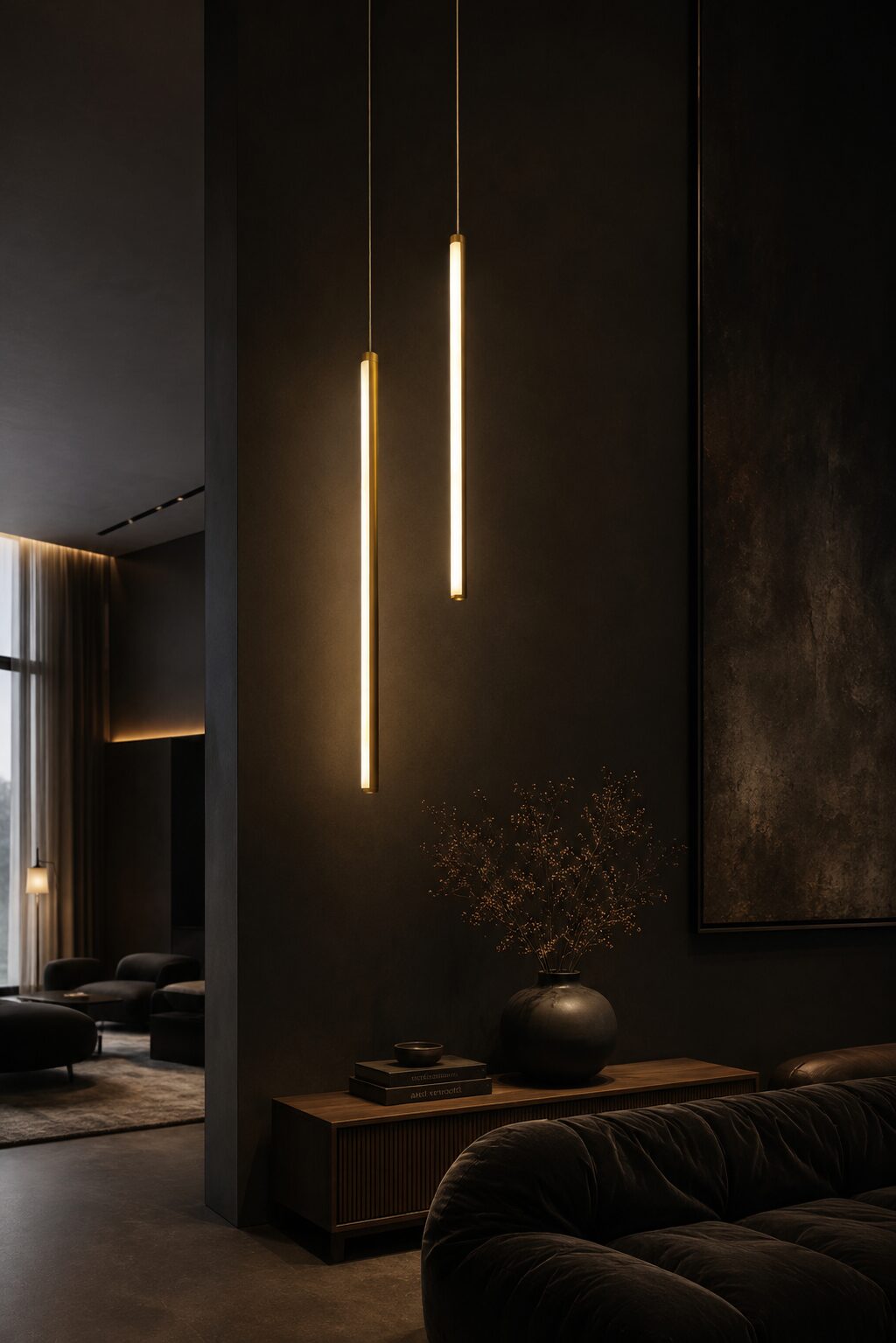 Brass tube pendant lights above a console table in a dark, moody residential lounge