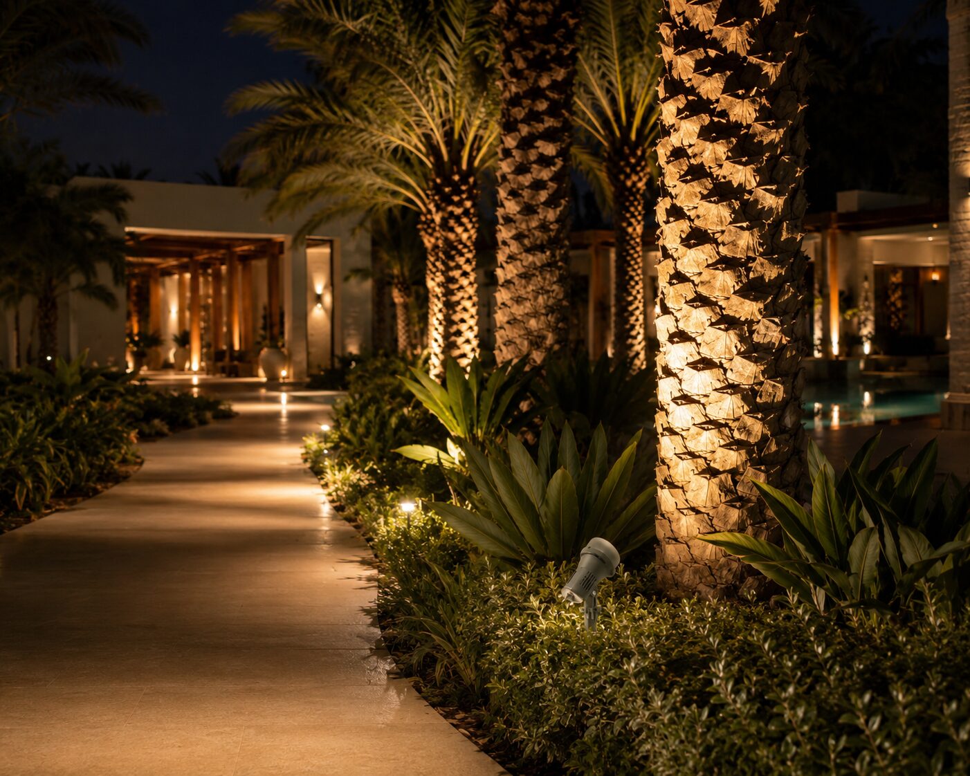Landscape lighting uplighting palm trees along a resort walkway at night